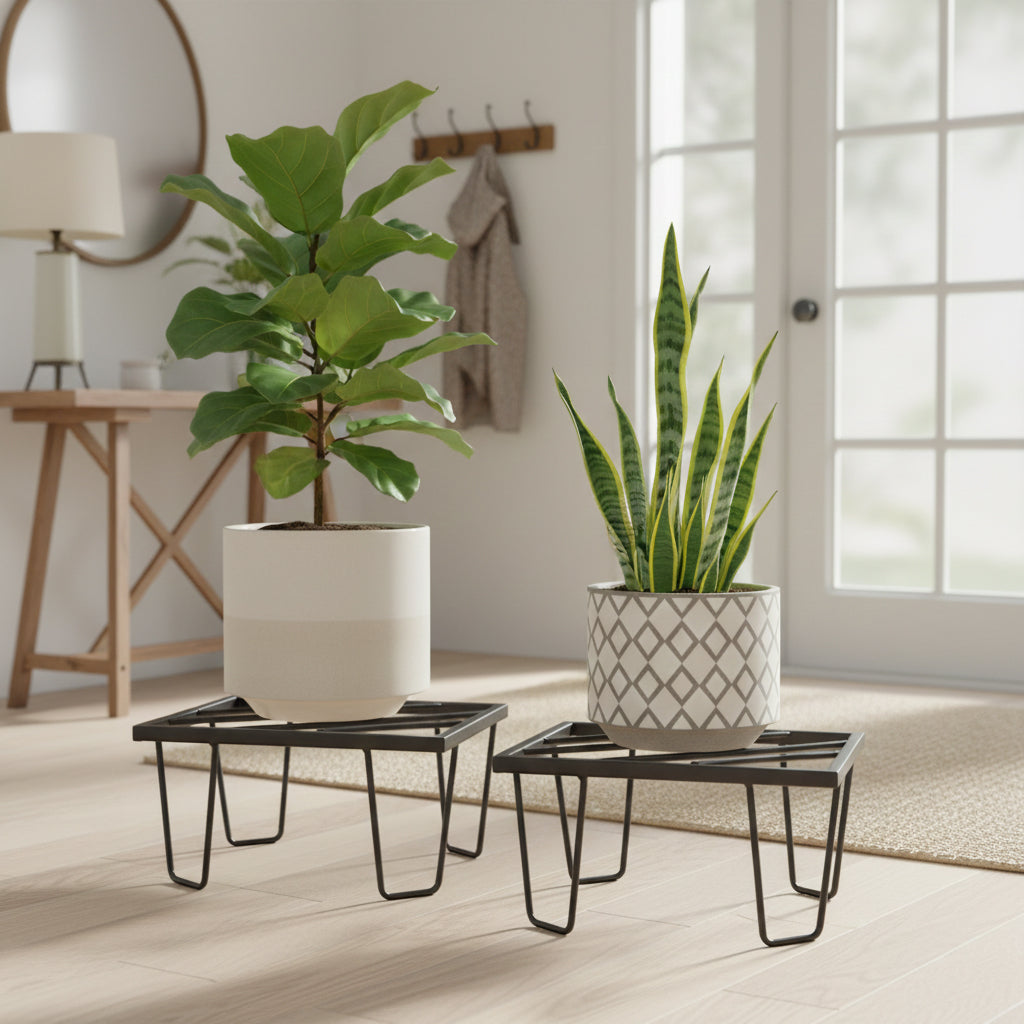 Heavy Duty Metal Flower Pot/Plant Stand - Square Shape for Home, Garden, Balcony, Living Room Decor - Holds Up to 70-80kg (Black, Set of 4)