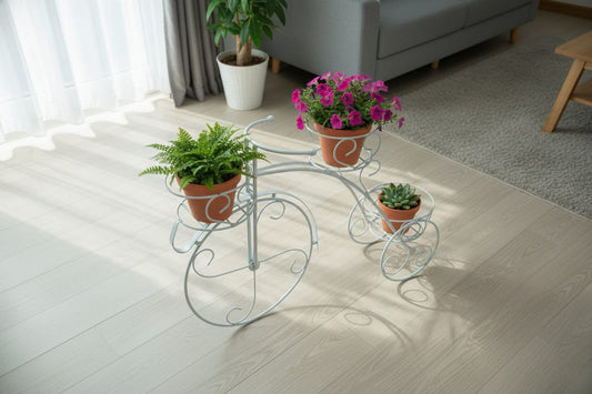 Tricycle Planter Stand – Decorative Metal Cycle Shape Plant Holder for Indoor Outdoor Use – Home Garden Balcony Terrace Décor – 1 Piece (White)