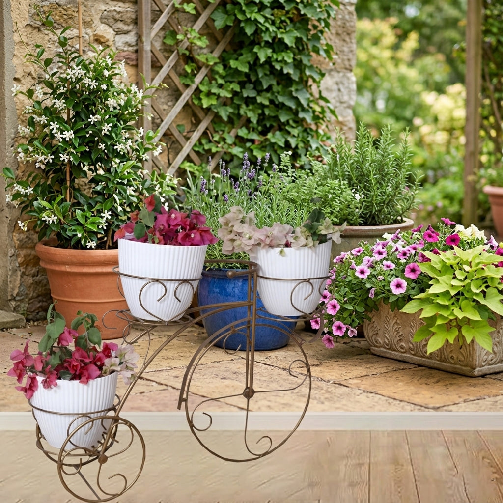 Tricycle Planter Stand – Decorative Metal Cycle Shape Plant Holder for Indoor Outdoor Use – Home Garden Balcony Terrace Décor – 1 Piece (Gold)