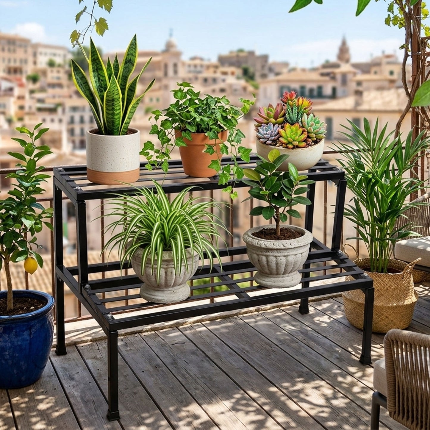 Classic 24inch Heavy Duty 2-Steps Metal Plant Pot Stand for Indoor Outdoor Balcony Garden Home Decore | 2 Tier Multiple Plants Pots Stand | 24"x17"x13"inch