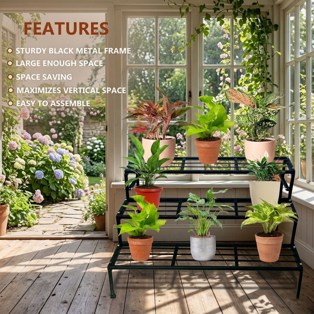 3-Tier Metal Planter Stand | Flower Pot Rack for Balcony, Home & Garden | Strong Bearing Capacity | Easy to Assemble | Suitable for Balcony, Patio & Outdoor Use
