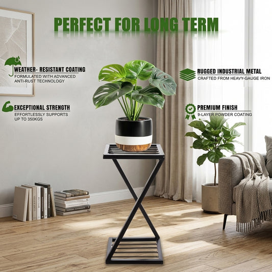 Z-Shape Metal Plant Stand – Indoor & Outdoor Flower Pot Holder with Strong Black Legs, Modern Decorative Planter Display Rack, Rust-Resistant, Space-Saving Design (BLACK, SET 4)