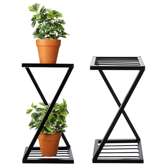 Z-Shape Metal Planter Stand – Black Plant Stand with Strong Legs for Indoor Outdoor Decor – Modern Flower Pot Holder for Home, Balcony, Living Room – (PACK OF 2)