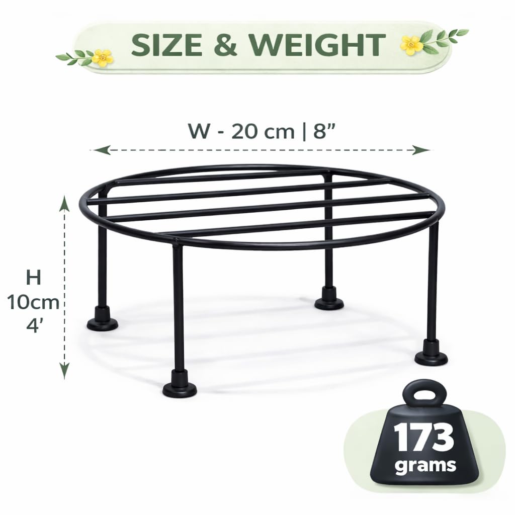 8-Inch Heavy Duty Metal Plant Stand – Rust-Proof Round Iron Pot Holder with Rubber Grip, 50kg Load – Indoor Outdoor Garden & Balcony Plant Riser (Black)