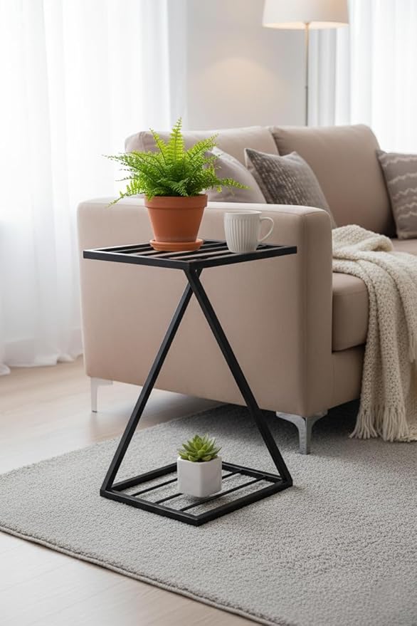 Z-Shape Metal Plant Stand – Indoor & Outdoor Flower Pot Holder with Strong Black Legs, Modern Decorative Planter Display Rack, Rust-Resistant, Space-Saving Design (BLACK, SET 4)