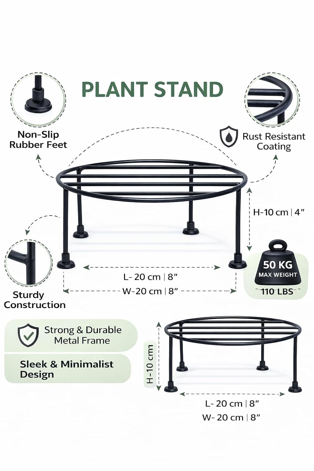 8-Inch Heavy Duty Metal Plant Stand – Rust-Proof Round Iron Pot Holder with Rubber Grip, 50kg Load – Indoor Outdoor Garden & Balcony Plant Riser (Black)