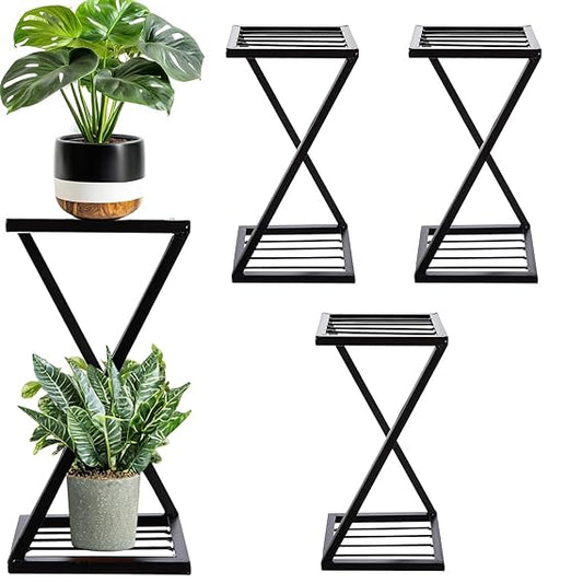 Z-Shape Metal Plant Stand – Indoor & Outdoor Flower Pot Holder with Strong Black Legs, Modern Decorative Planter Display Rack, Rust-Resistant, Space-Saving Design (BLACK, SET 4)