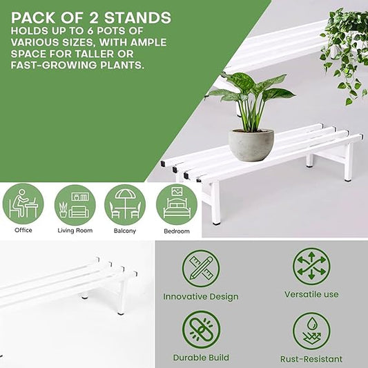 Elevate Square Tube Plant Stand (Set of 2) | Heavy Duty Iron Pot Stand for Balcony, Home Decor, Indoor and Outdoor Use (White)