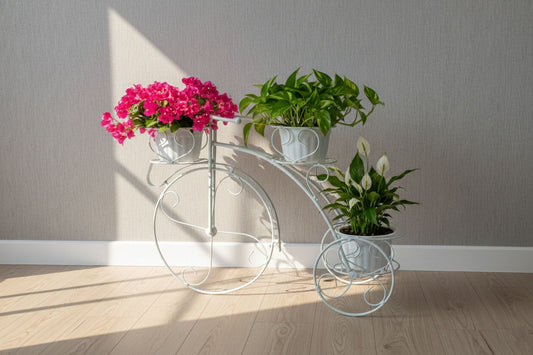 Tricycle Planter Stand – Decorative Metal Cycle Shape Plant Holder for Indoor Outdoor Use – Home Garden Balcony Terrace Décor – 1 Piece (White)