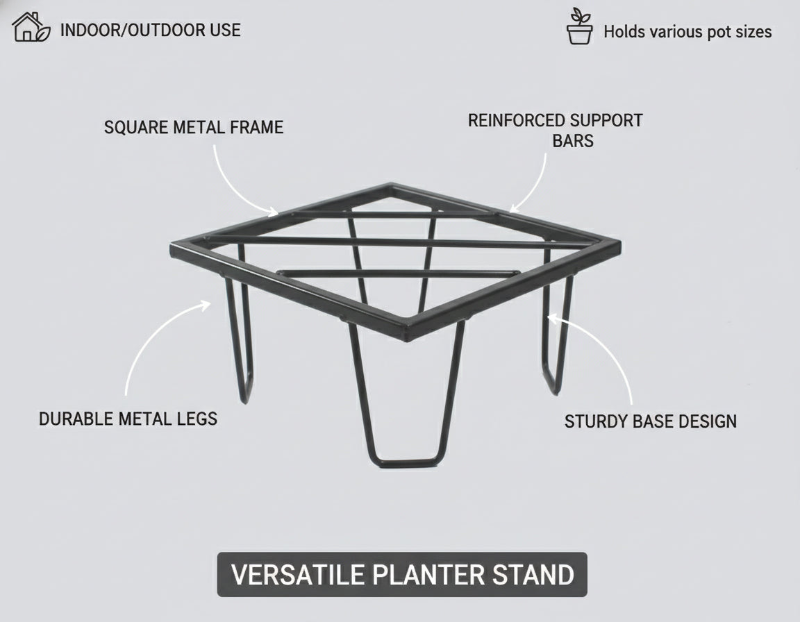 Heavy Duty Metal Flower Pot/Plant Stand - Square Shape for Home, Garden, Balcony, Living Room Decor - Holds Up to 70-80kg (Black, Set of 4)