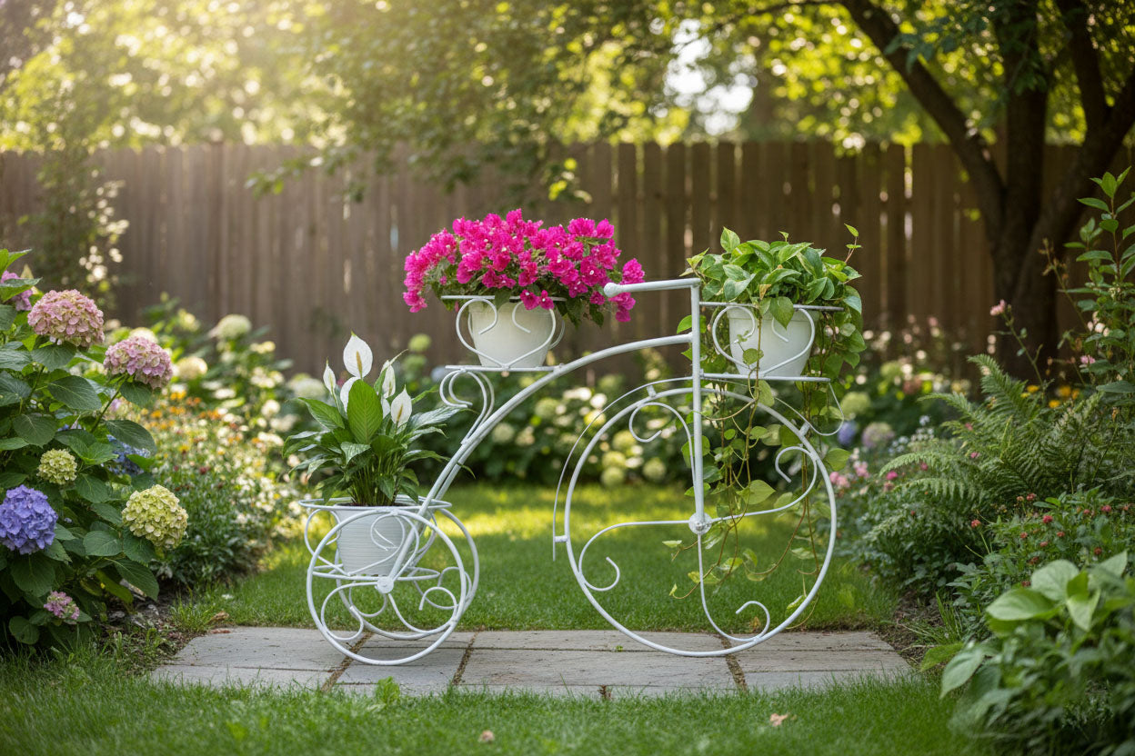 Tricycle Planter Stand – Decorative Metal Cycle Shape Plant Holder for Indoor Outdoor Use – Home Garden Balcony Terrace Décor – 1 Piece (White)