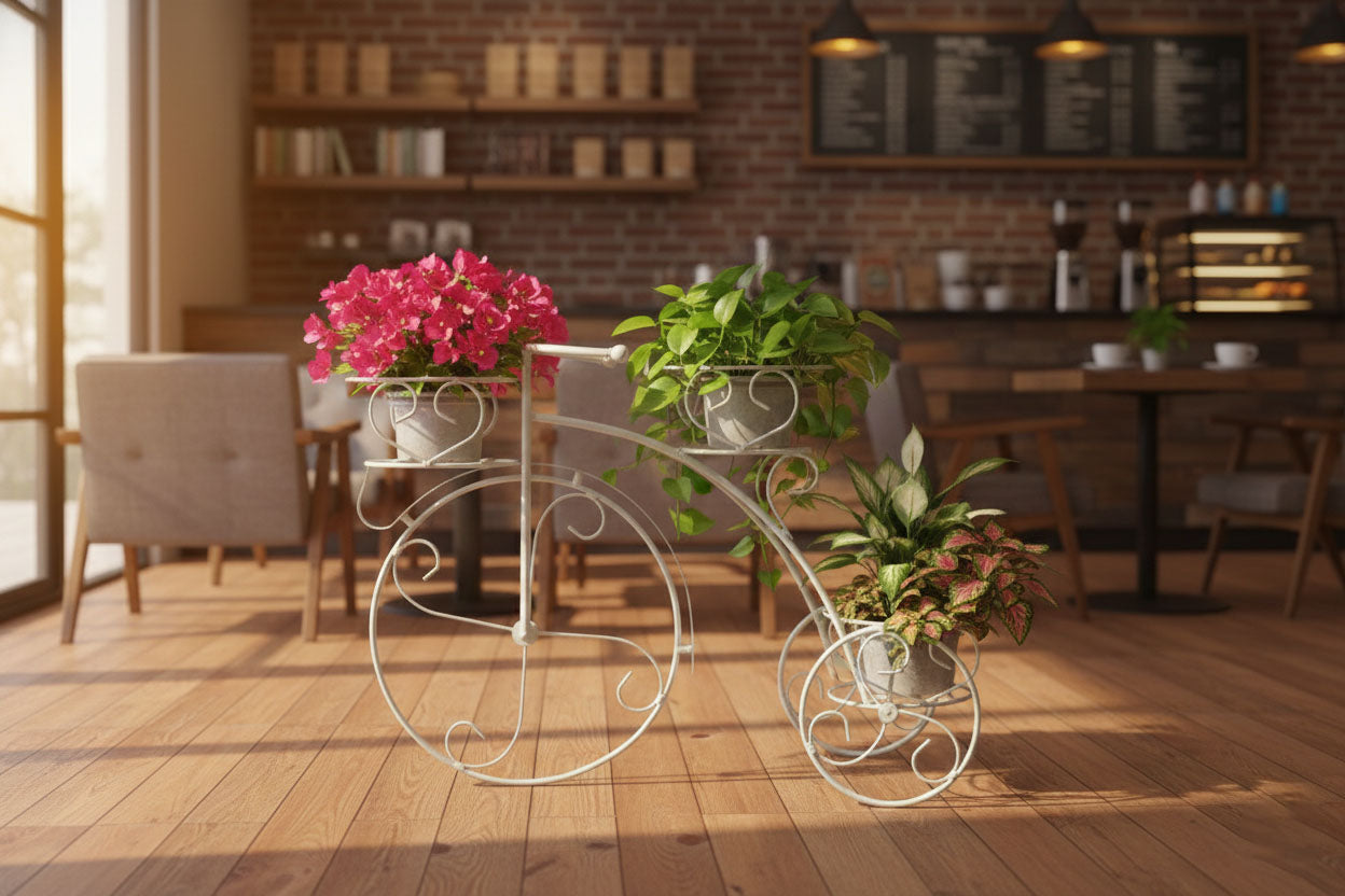 Tricycle Planter Stand – Decorative Metal Cycle Shape Plant Holder for Indoor Outdoor Use – Home Garden Balcony Terrace Décor – 1 Piece (White)