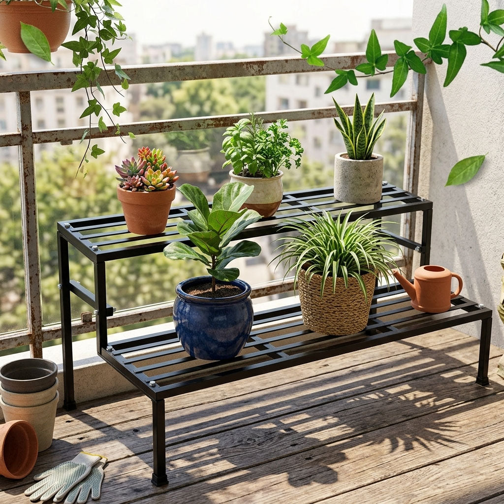 Classic 24-Inch Heavy Duty 2-Step Metal Plant Stand – Sturdy 2-Tier Design for Indoor & Outdoor Use, Perfect for Balcony, Garden & Home Decor (24"x18"x13")