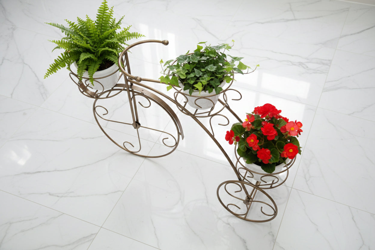 Tricycle Planter Stand – Decorative Metal Cycle Shape Plant Holder for Indoor Outdoor Use – Home Garden Balcony Terrace Décor – 1 Piece (Gold)