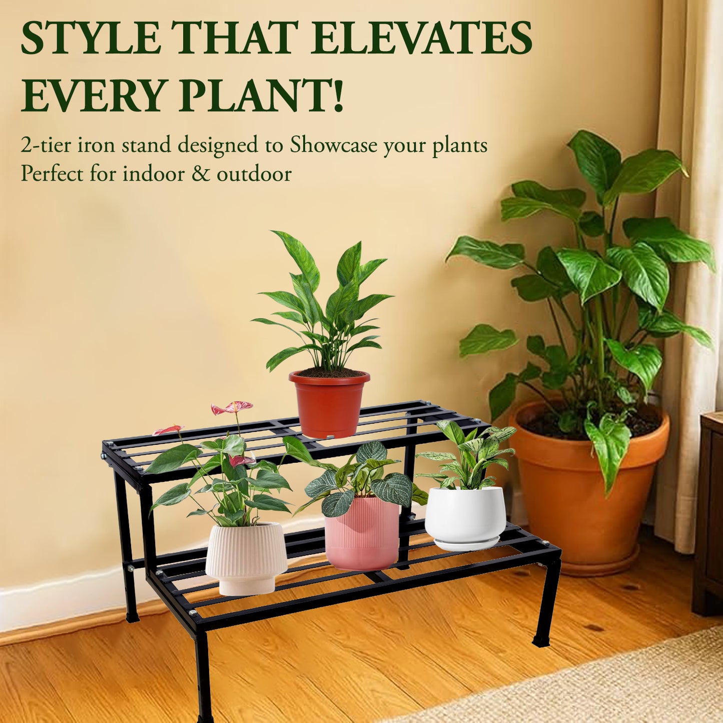 Classic 24inch Heavy Duty 2-Steps Metal Plant Pot Stand for Indoor Outdoor Balcony Garden Home Decore | 2 Tier Multiple Plants Pots Stand | 24"x17"x13"inch