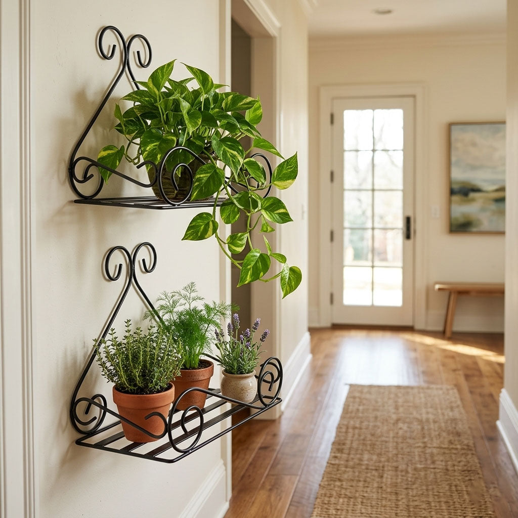 Wall Mounted Hanging Plant Shelf Galvanized Metal Flower Pot Holder Indoor Gamla Support Corner Rack Outdoor Display for Home Office Garden Balcony Decoration (Pakc of 2, Black)