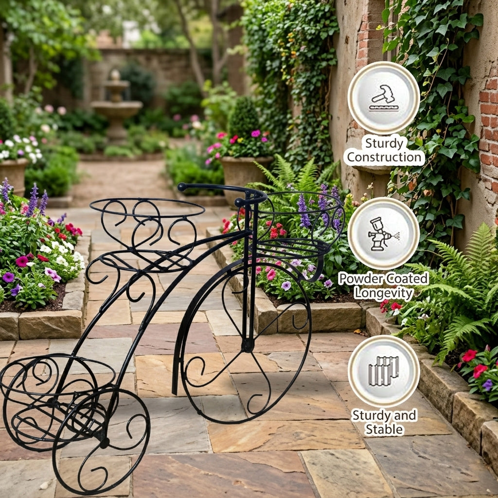 Tricycle Planter Stand – Decorative Cycle Plant Holder for Indoor Outdoor Use | Metal Flower Pot Stand for Balcony, Living Room, Patio & Garden Décor – Black