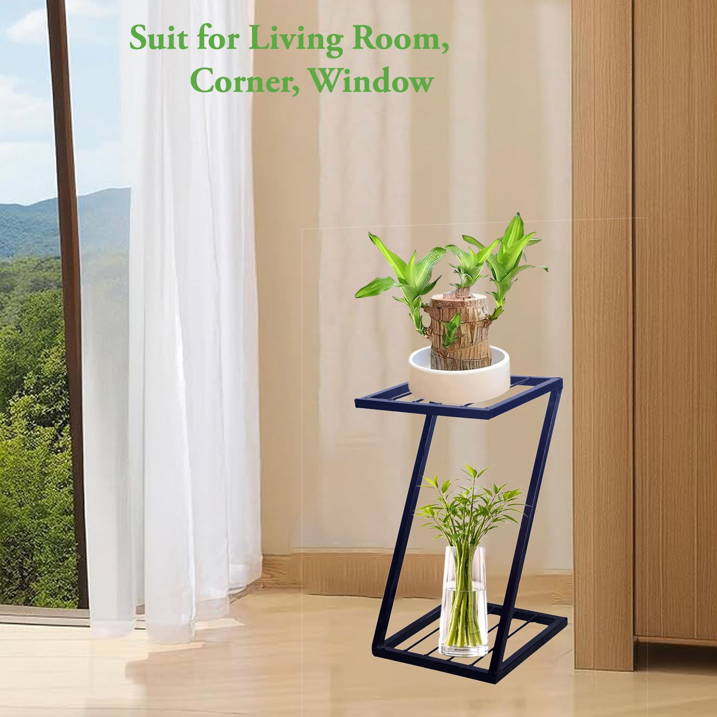 Z-Shape Metal Plant Stand – Indoor & Outdoor Flower Pot Holder with Strong Black Legs, Modern Decorative Planter Display Rack, Rust-Resistant, Space-Saving Design (BLACK, SET 2)