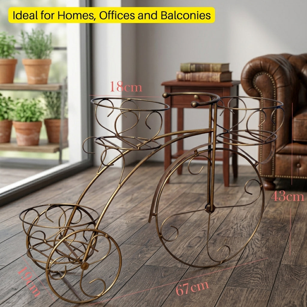 Tricycle Planter Stand – Decorative Metal Cycle Shape Plant Holder for Indoor Outdoor Use – Home Garden Balcony Terrace Décor – 1 Piece (Gold)