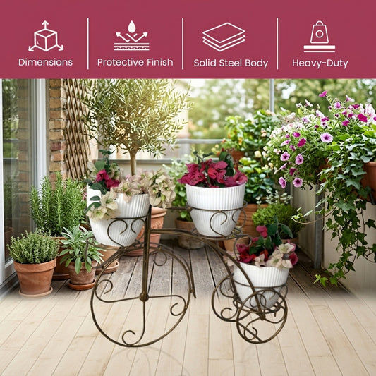 Tricycle Planter Stand – Decorative Metal Cycle Shape Plant Holder for Indoor Outdoor Use – Home Garden Balcony Terrace Décor – 1 Piece (Gold)