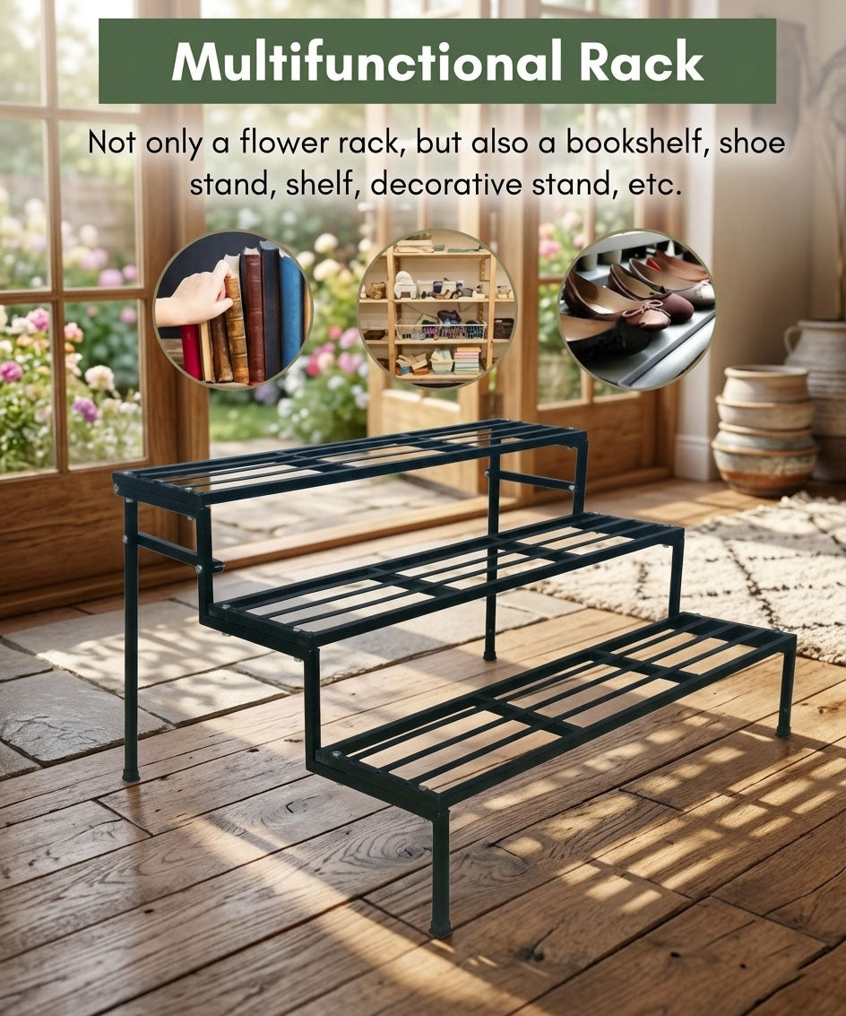 3-Tier Metal Planter Stand | Flower Pot Rack for Balcony, Home & Garden | Strong Bearing Capacity | Easy to Assemble | Suitable for Balcony, Patio & Outdoor Use
