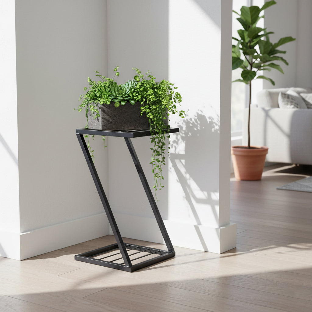 Z‑Shaped Metal Plant Stand for Indoor Plants 2‑Tier Modern Planter Stand for Living Room, Balcony & Home Décor Heavy‑Duty Iron Flower Pot Holder Space‑Saving Display Rack (1)