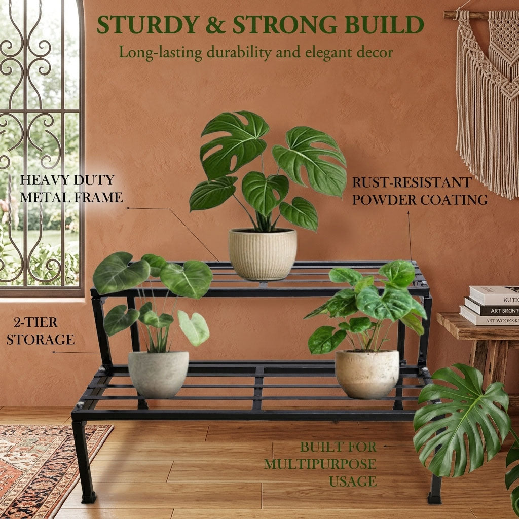 Classic 24inch Heavy Duty 2-Steps Metal Plant Pot Stand for Indoor Outdoor Balcony Garden Home Decore | 2 Tier Multiple Plants Pots Stand | 24"x17"x13"inch