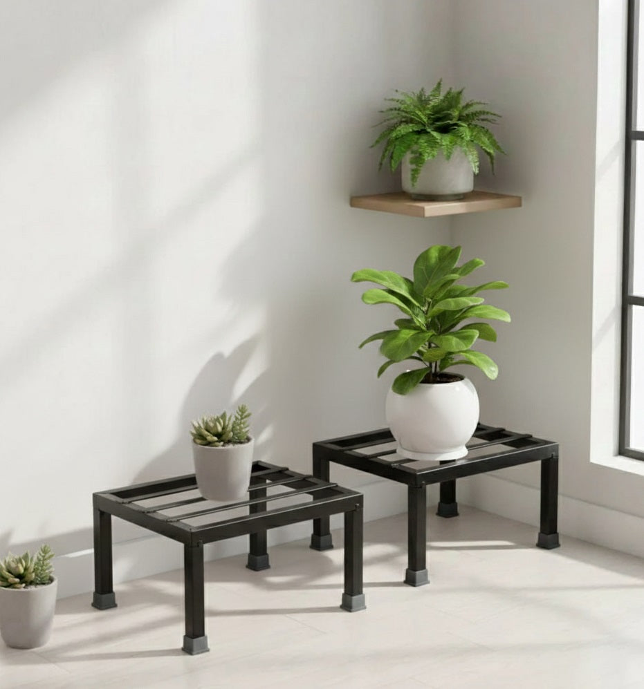 Premium Heavy Duty Metal Square Plant Stand (Set of 2, 8in x 8in x 4in) - Holds Up to 100kg, Black - Durable, Stylish Indoor/Outdoor Garden & Balcony Decor